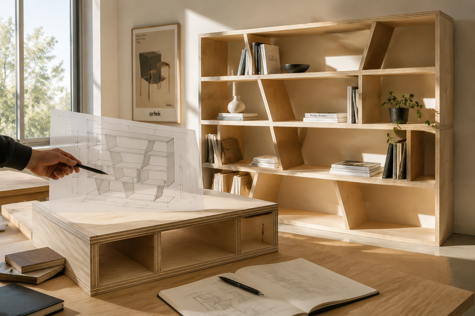 () image illustrating modern plywood furniture design principles. The image features a sleek, geometric plywood bookshelf