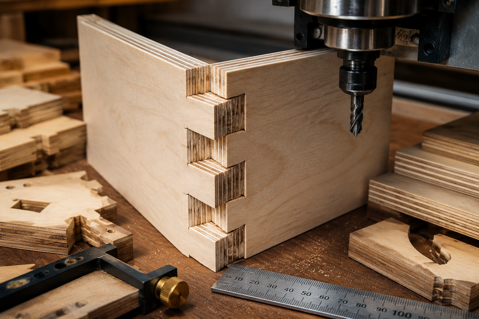 () image focusing on advanced joinery techniques for plywood. A close-up shot of a complex dovetail joint crafted from birch