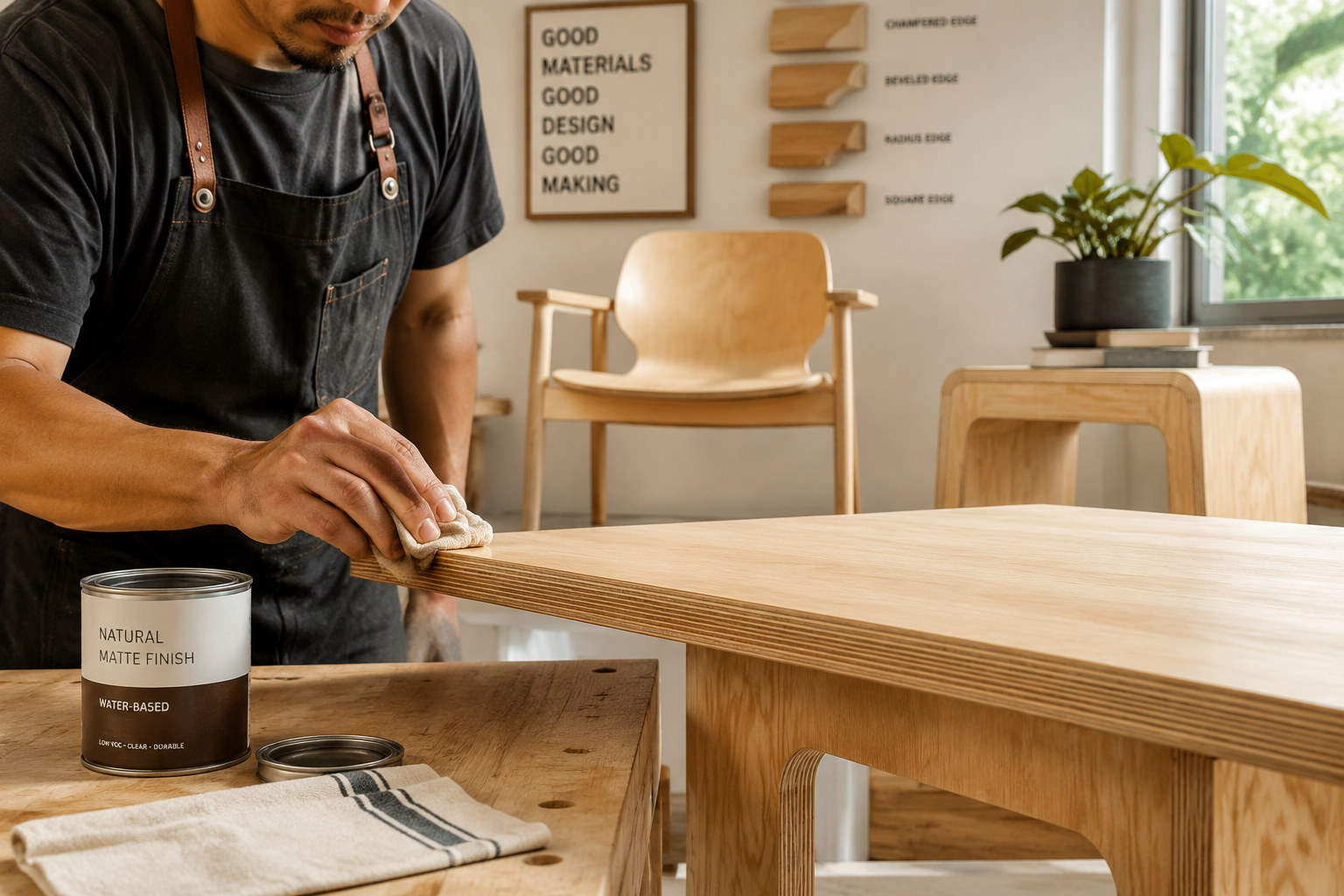 () image demonstrating contemporary finishing techniques for plywood furniture. A skilled artisan is applying a matte,
