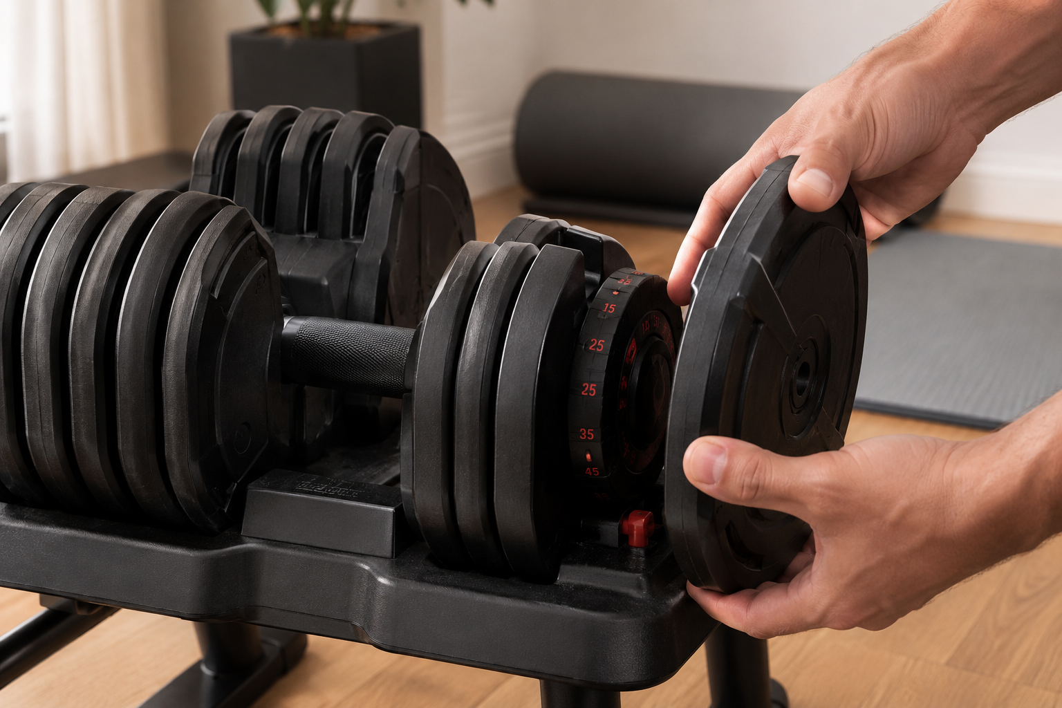 () image showing adjustable dumbbells with weight plates being changed, close-up detail of adjustment mechanism, natural