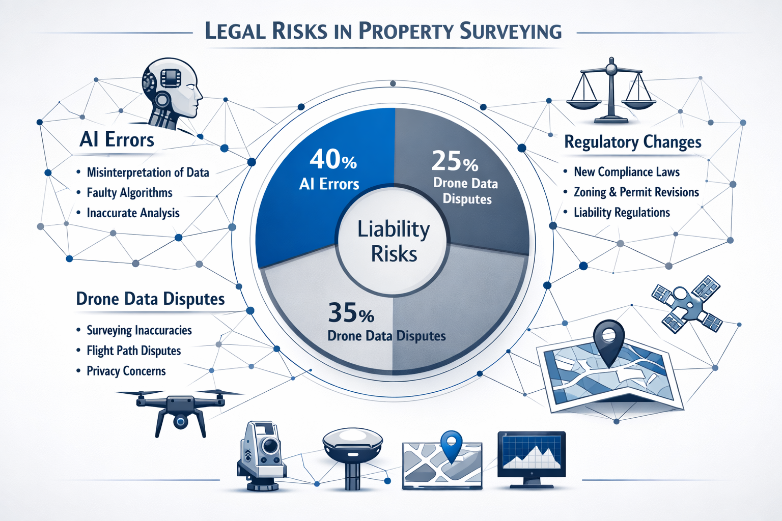 Key takeaways infographic visualizing legal risks in property surveying, featuring geometric data visualization with interconnected nodes re
