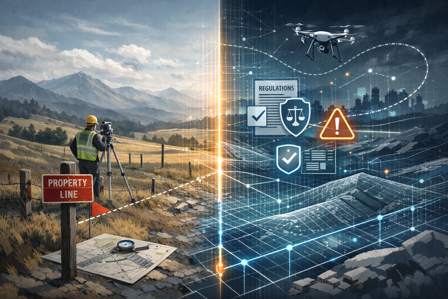 Conceptual landscape illustration depicting the evolving legal landscape of property surveying, showing a transforming terrain with digital 