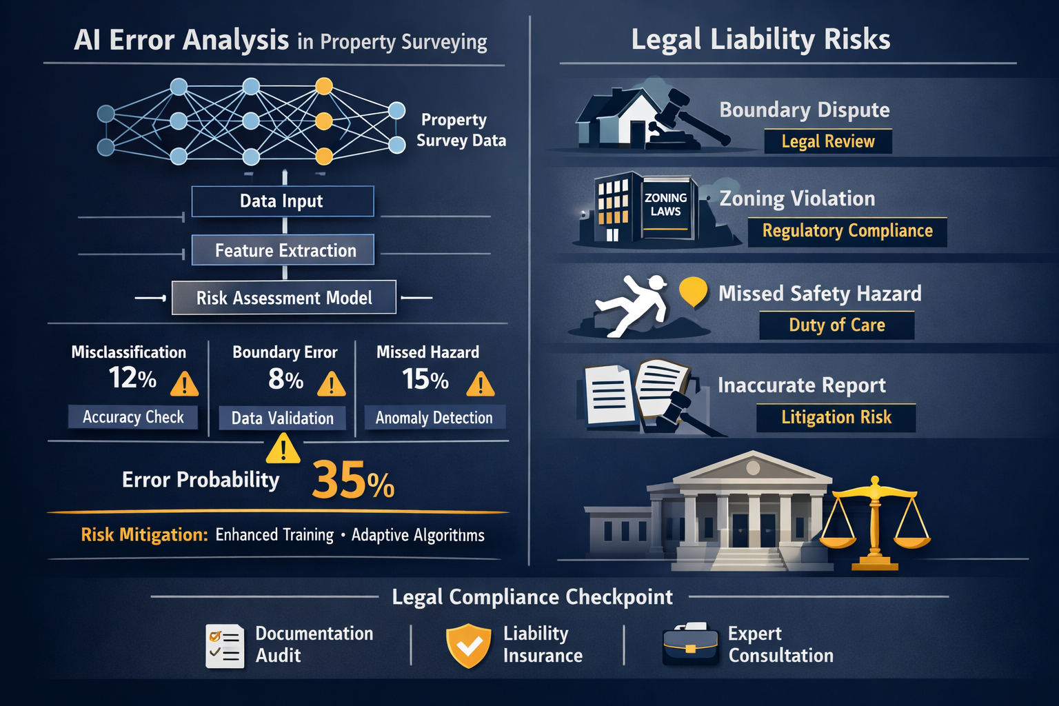Technical visualization showing AI error analysis in property surveying, featuring a split-screen composition with machine learning algorith