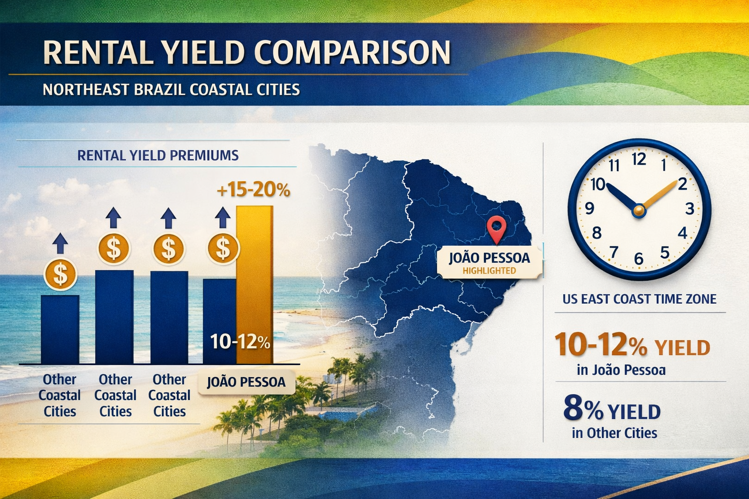 () infographic-style image displaying rental yield comparison chart for Northeast Brazil coastal cities, with João Pessoa