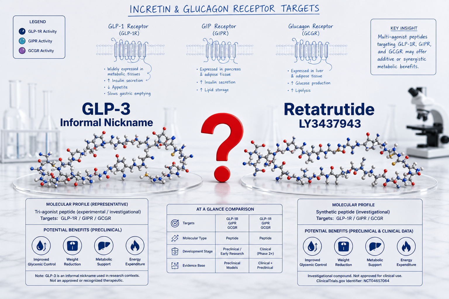 () scientific infographic-style illustration showing two labeled molecular structures side by side — one labeled 'GLP-3