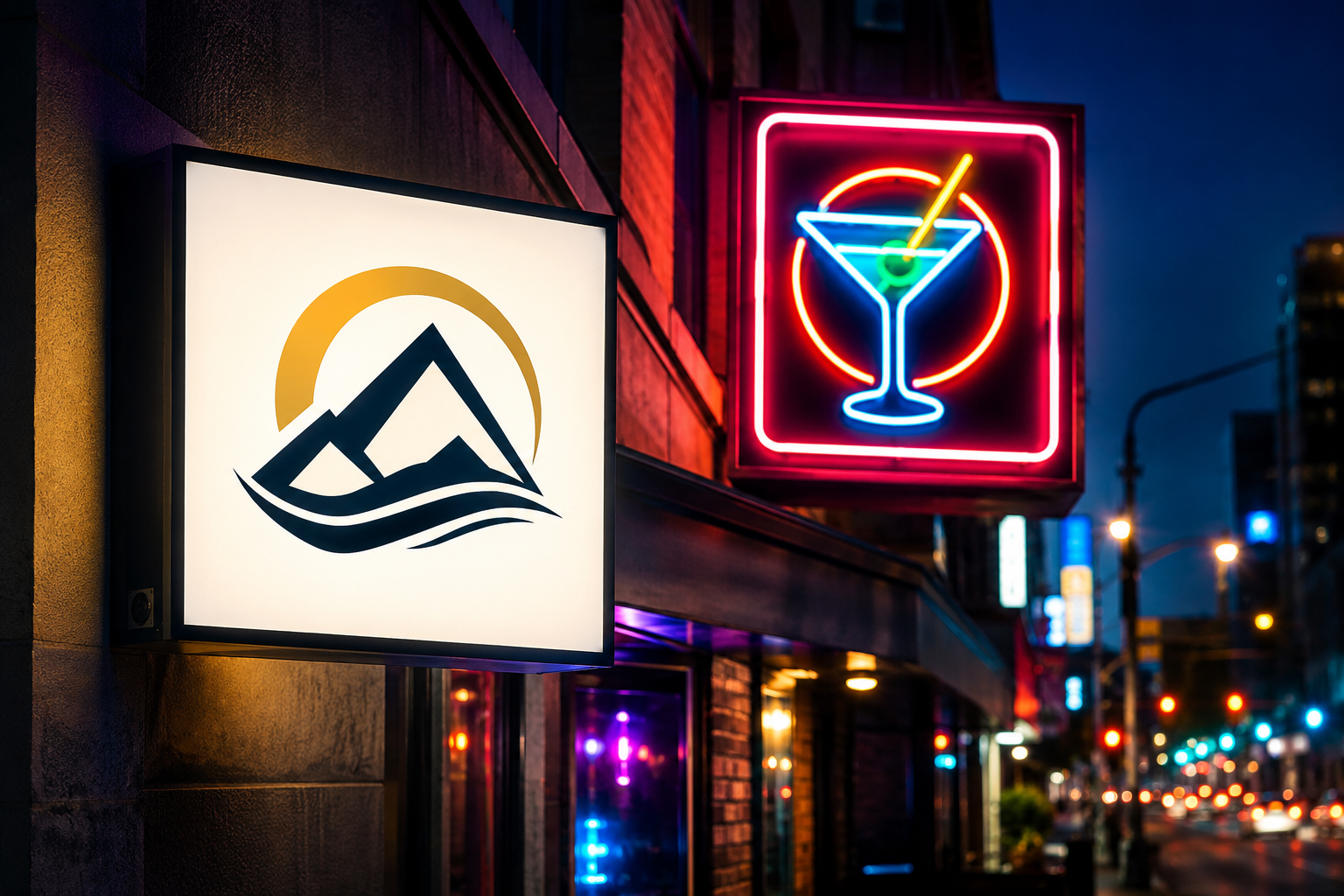 A landscape image comparing a sleek, evenly lit LED lightbox sign with a business logo and a vibrant LED neon sign with continuous colorful lettering, both on a commercial street at night.
