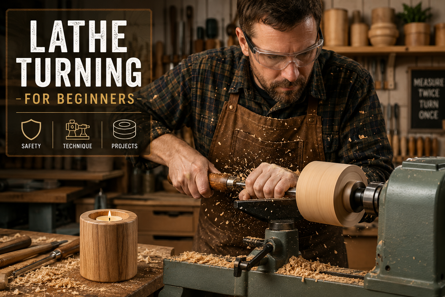 () editorial image depicting a skilled artisan demonstrating basic lathe turning techniques for creating a cylindrical