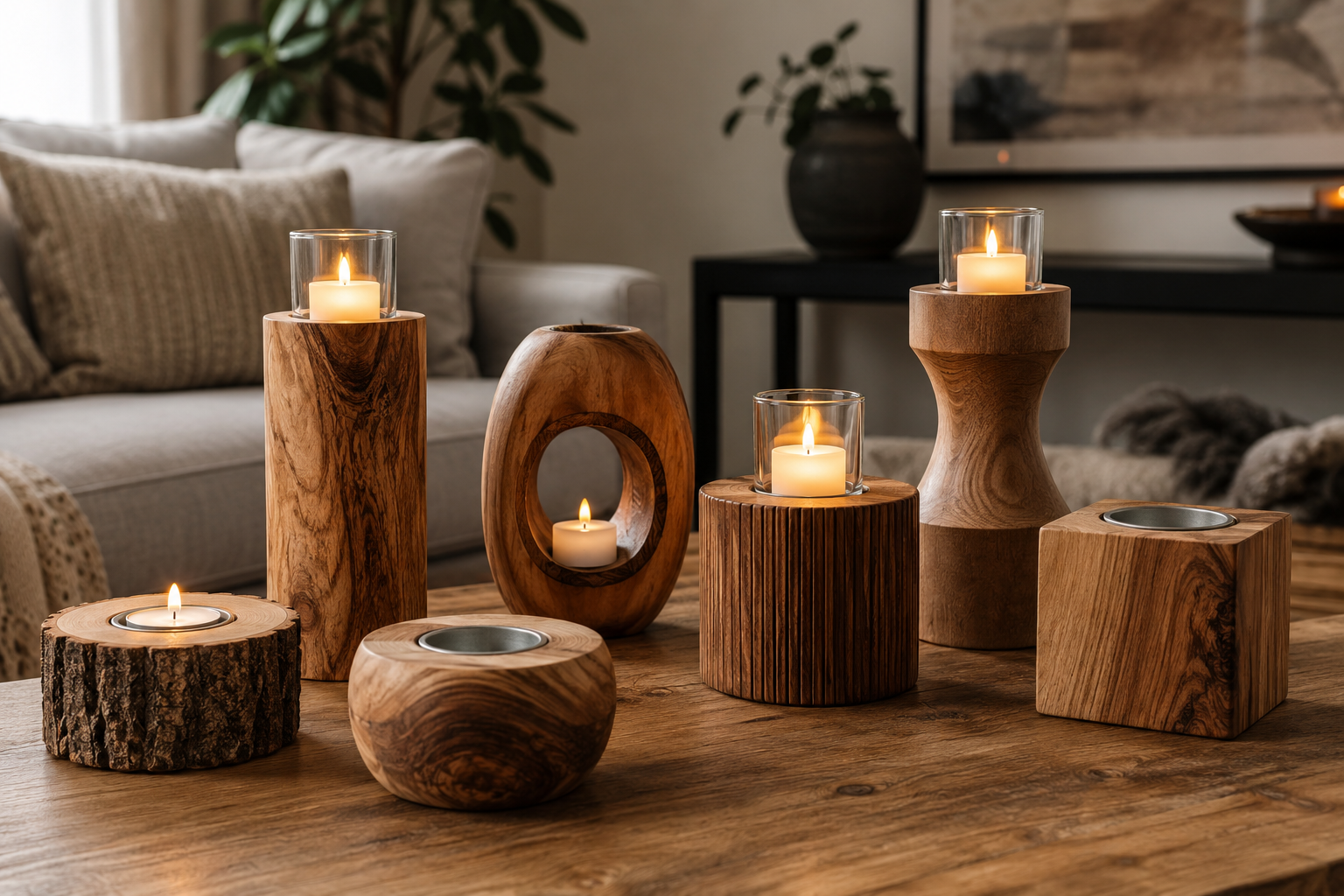 () editorial image showcasing a diverse collection of Handcrafted Wooden Candle Holders: Safe, Stylish Designs for Ambient