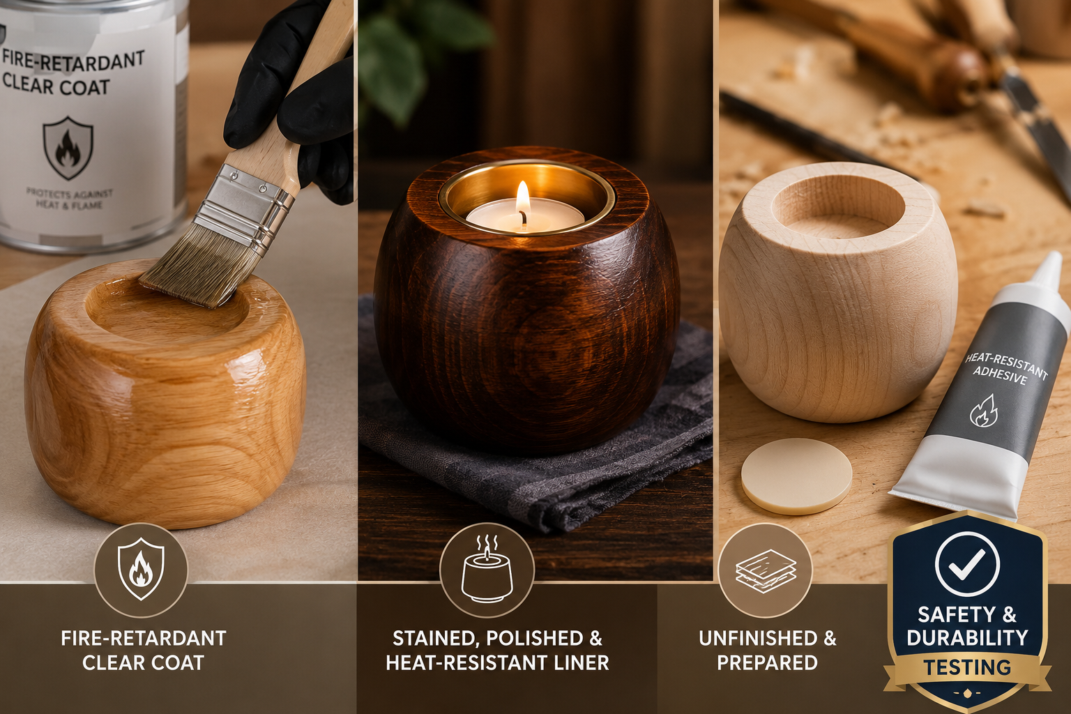 () editorial image illustrating various wood finishing techniques applied to wooden candle holders. One section shows a