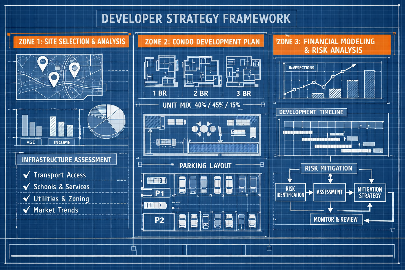 () architectural blueprint-style illustration showing developer strategy framework with three distinct zones: Zone 1