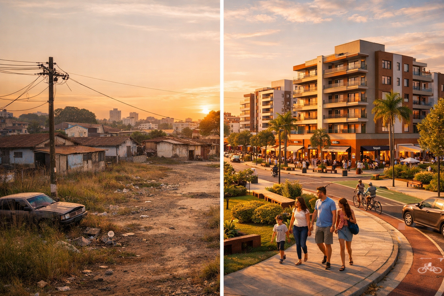 () dynamic photo-realistic scene of secondary city neighborhood transformation showing before-after split composition: left