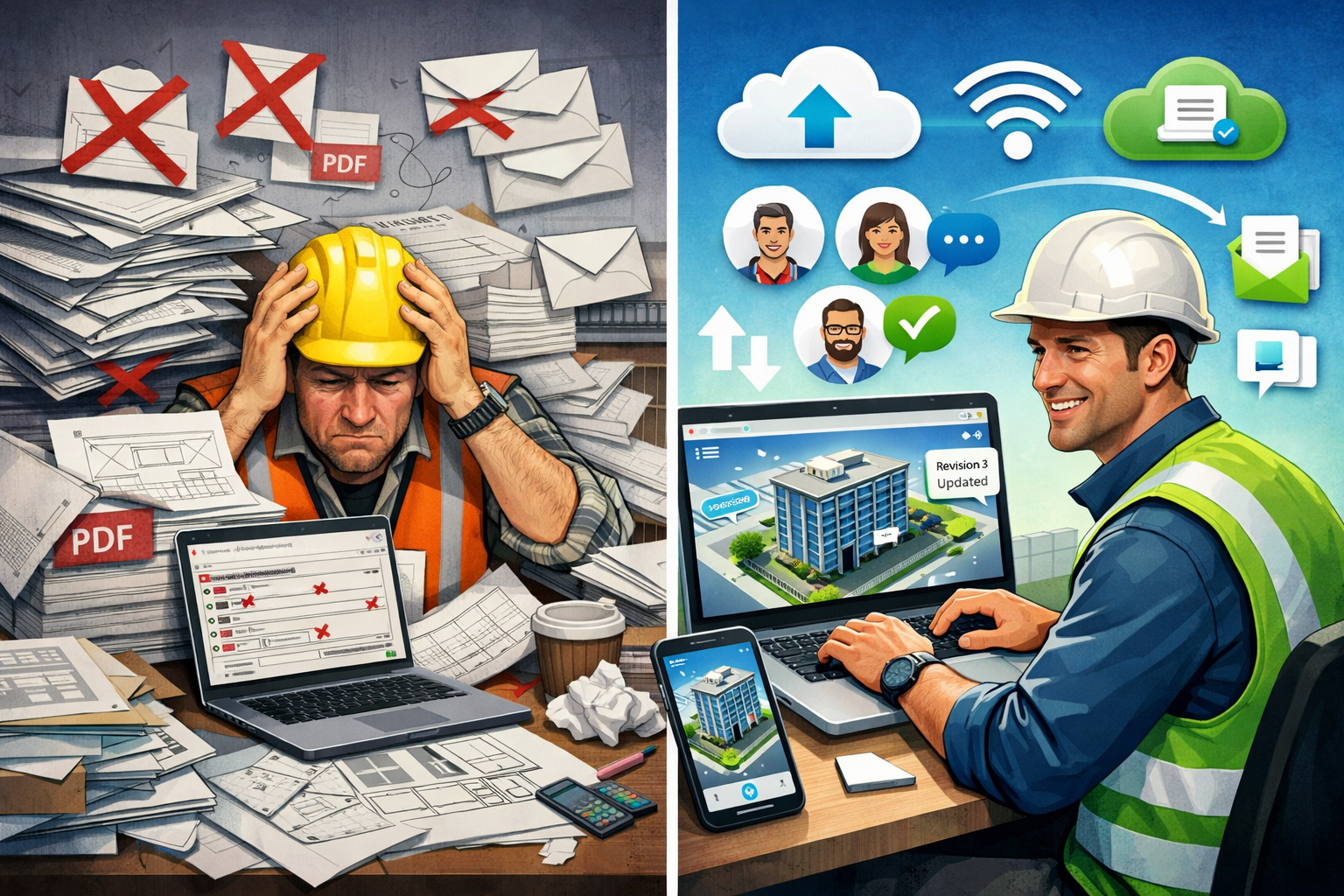 Detailed landscape format (1536x1024) illustration showing split-screen comparison of old versus new surveying workflows. Left side: frustra