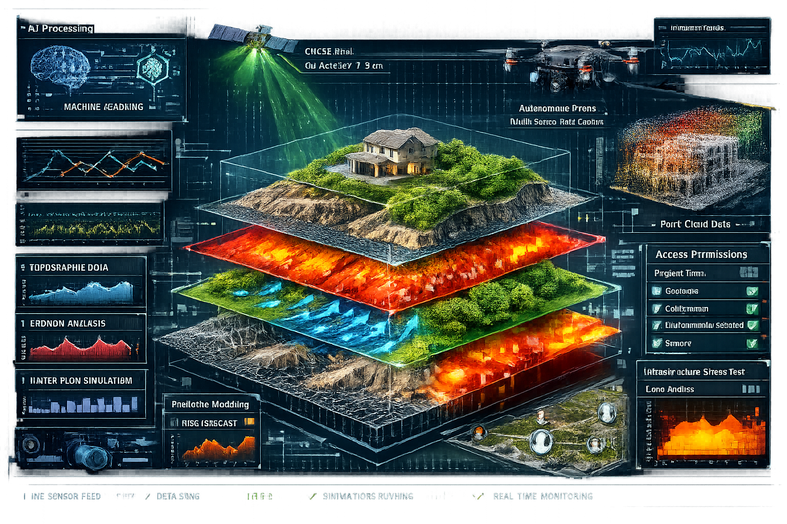 Detailed landscape format (1536x1024) technical visualization showing interactive 3D digital twin property model in center with transparent 