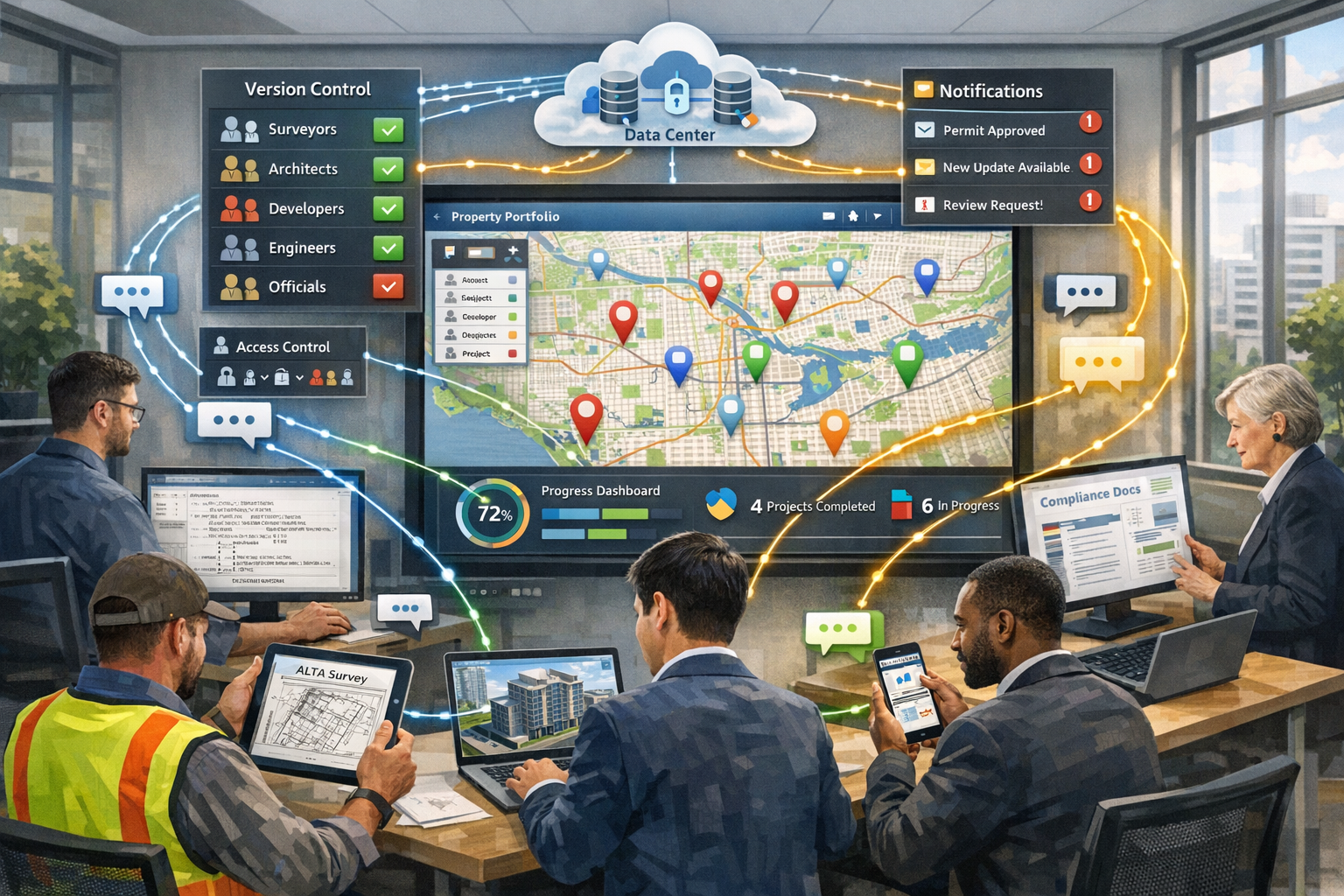 Detailed landscape format (1536x1024) collaborative workspace visualization showing diverse team of professionals simultaneously accessing c