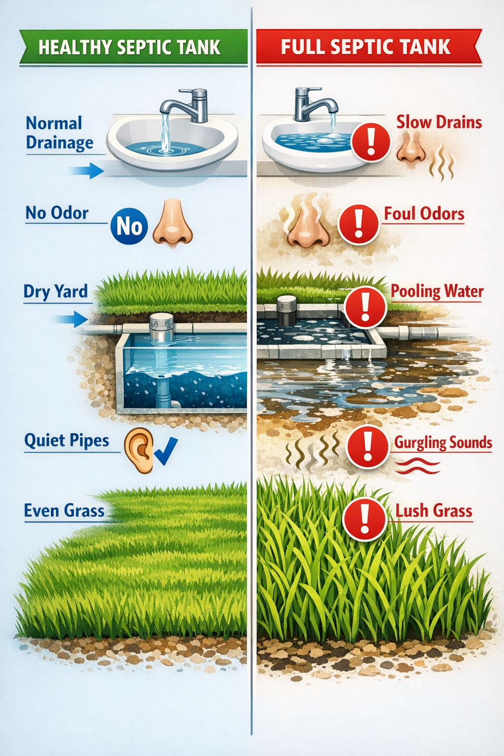 () infographic showing visual warning signs of full septic tank including slow drains, foul odors, pooling water, gurgling