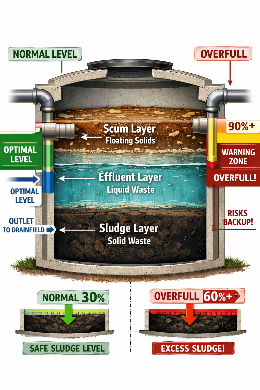 () detailed cross-section diagram of septic tank showing three distinct layers: scum layer at top, effluent in middle,