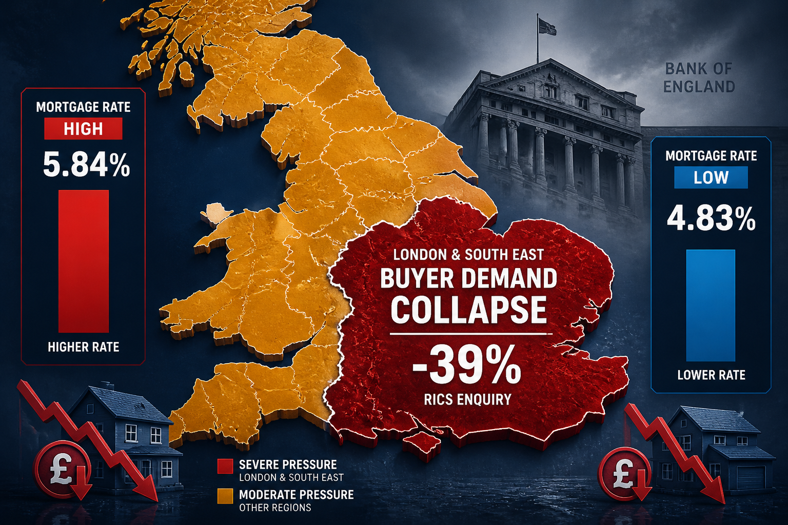 Dramatic close-up infographic-style illustration showing a split UK map: London and South East regions highlighted in deep