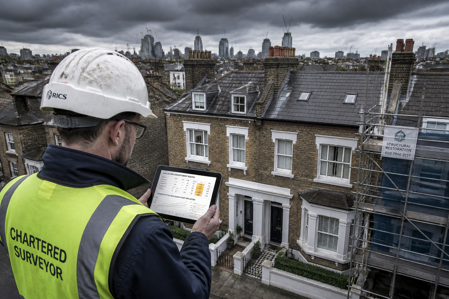 Bird's-eye perspective of a professional surveyor conducting a structural building inspection on a traditional London brick