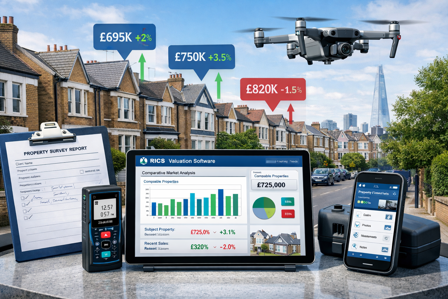 Detailed landscape format (1536x1024) image showing advanced surveying technology toolkit including digital laser measuring device, tablet d