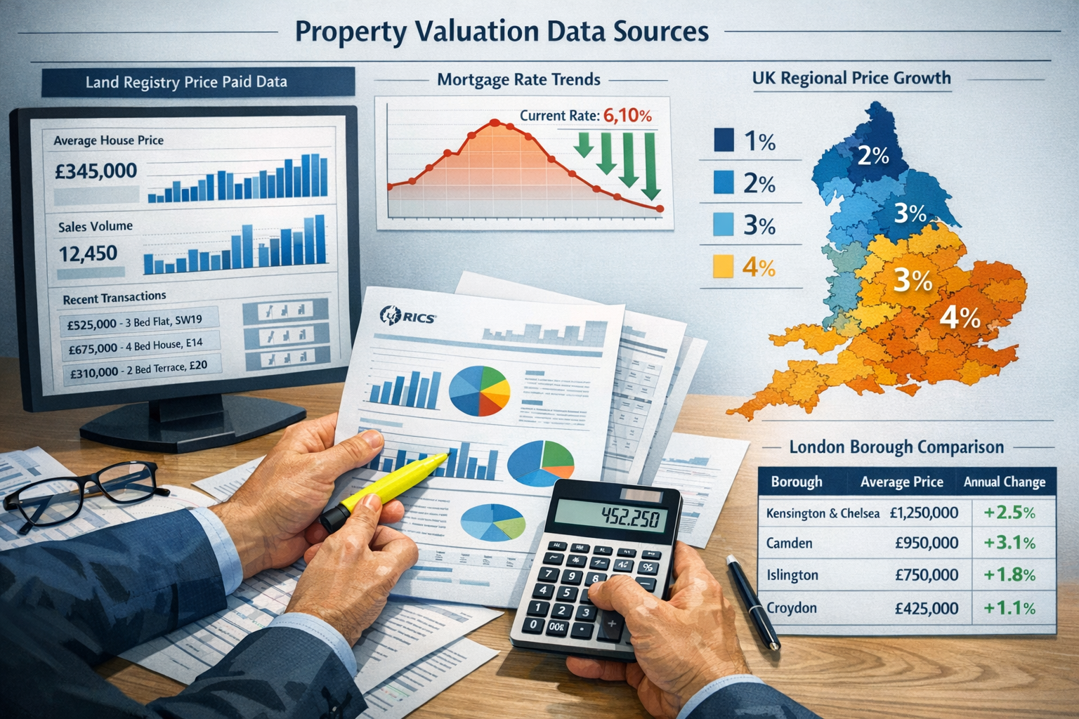 Comprehensive landscape format (1536x1024) infographic visualization displaying multiple data sources for property valuation including Land 