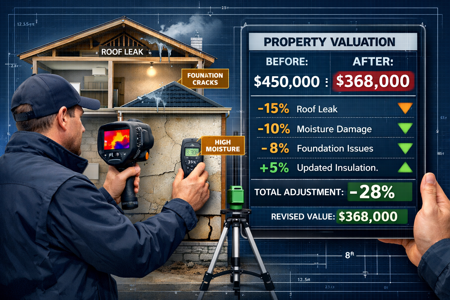 Detailed landscape format (1536x1024) scene showing professional surveyor conducting on-site property inspection with modern tools: thermal 