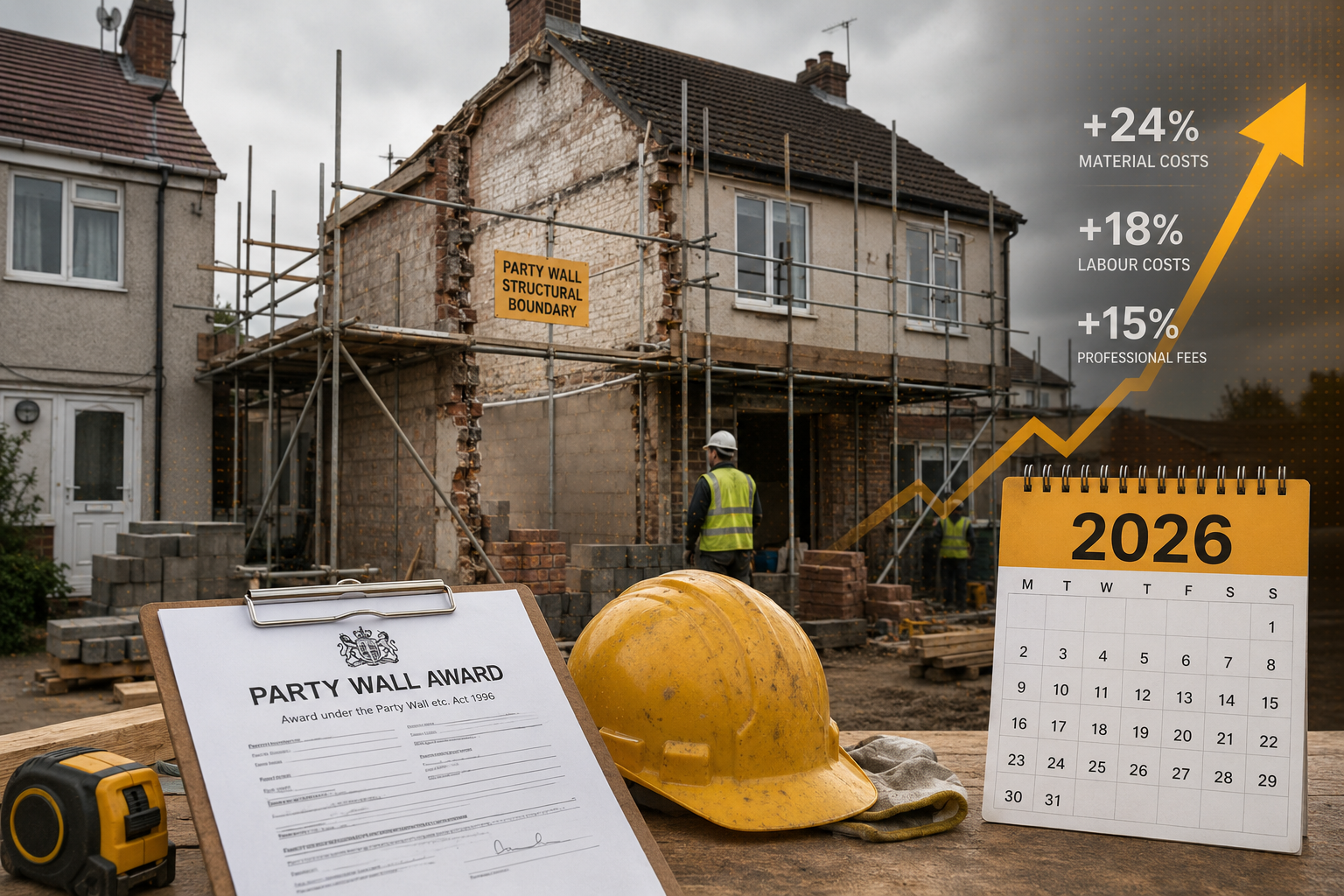 Wide-angle editorial illustration showing a UK construction site with visible party wall between two semi-detached