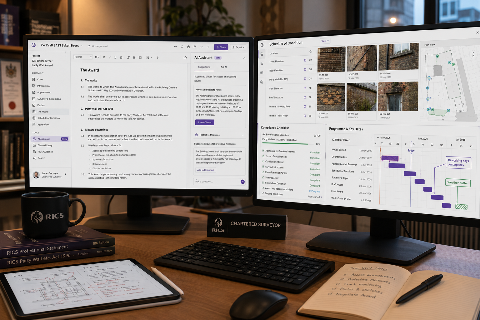 Close-up editorial photograph of a chartered surveyor's desk in 2026: dual monitors showing cloud-based party wall award
