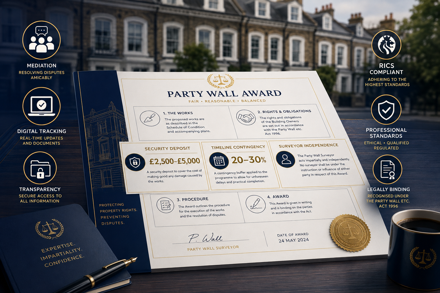 Infographic-style editorial image depicting a structured party wall award document spread across a large table with key