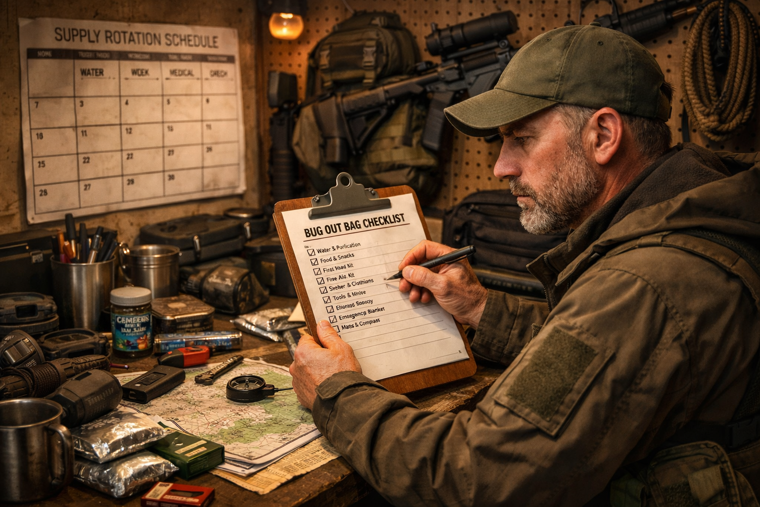 Detailed () photorealistic scene of a prepper at a cluttered garage workbench reviewing a bug out bag checklist on a