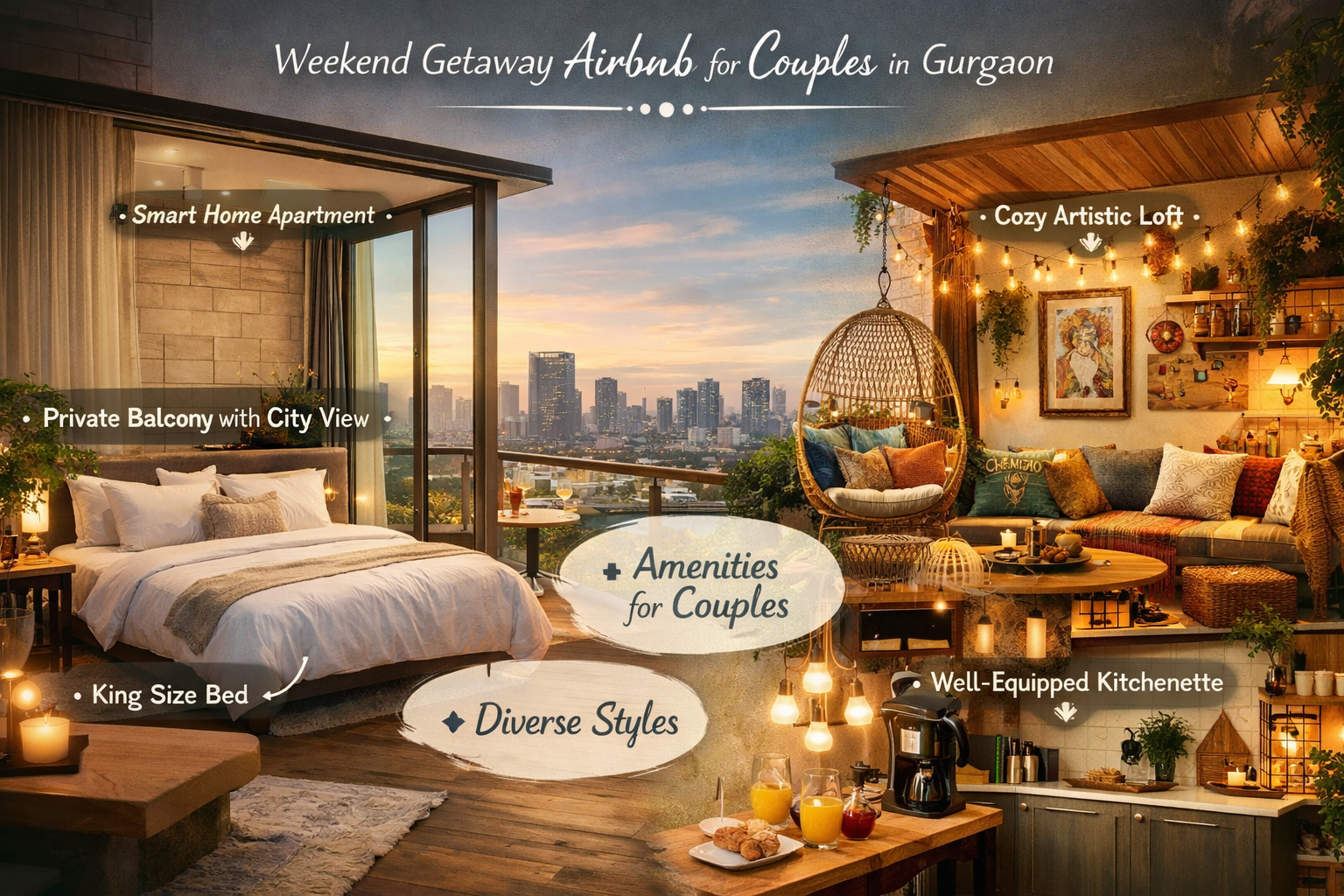 A beautifully composed landscape image (1536x1024) illustrating diverse architectural styles of Airbnb properties available for couples in G