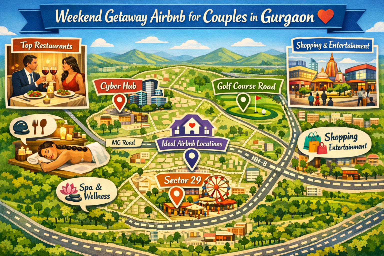 A detailed infographic-style landscape image (1536x1024) showcasing a map of Gurgaon with key areas like Cyber Hub, Golf Course Road, and Se