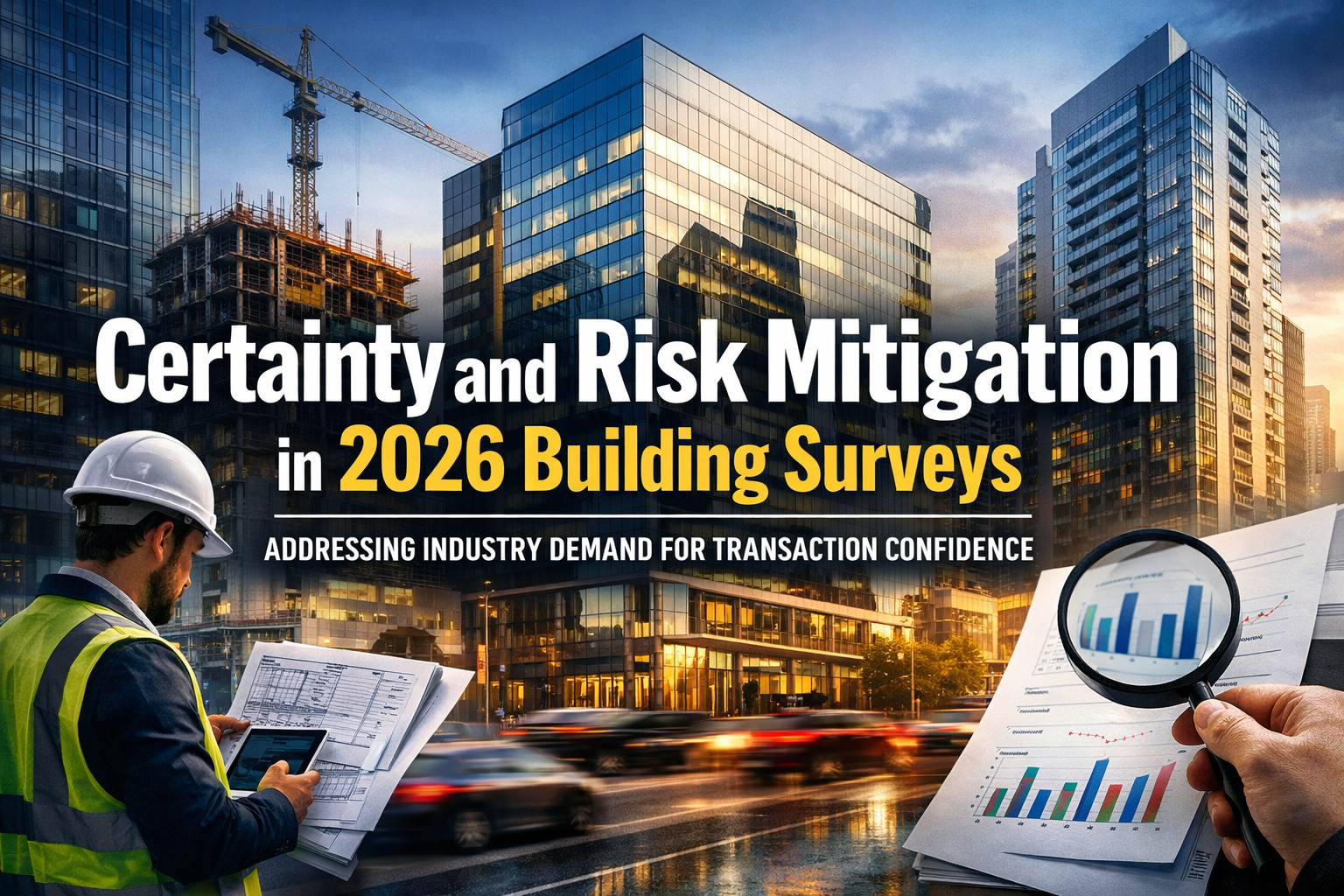 Professional landscape hero image () with : "Certainty and Risk Mitigation in 2026 Building Surveys: Addressing Industry