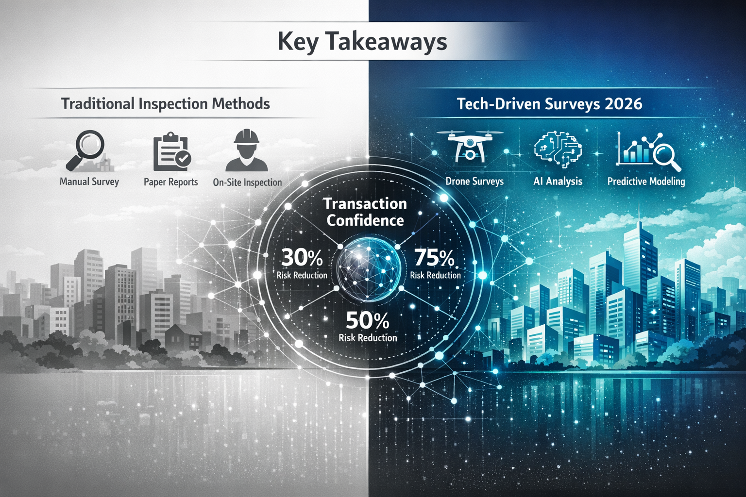 Key Takeaways section infographic: Split-screen landscape composition visualizing building survey risk mitigation evolution,