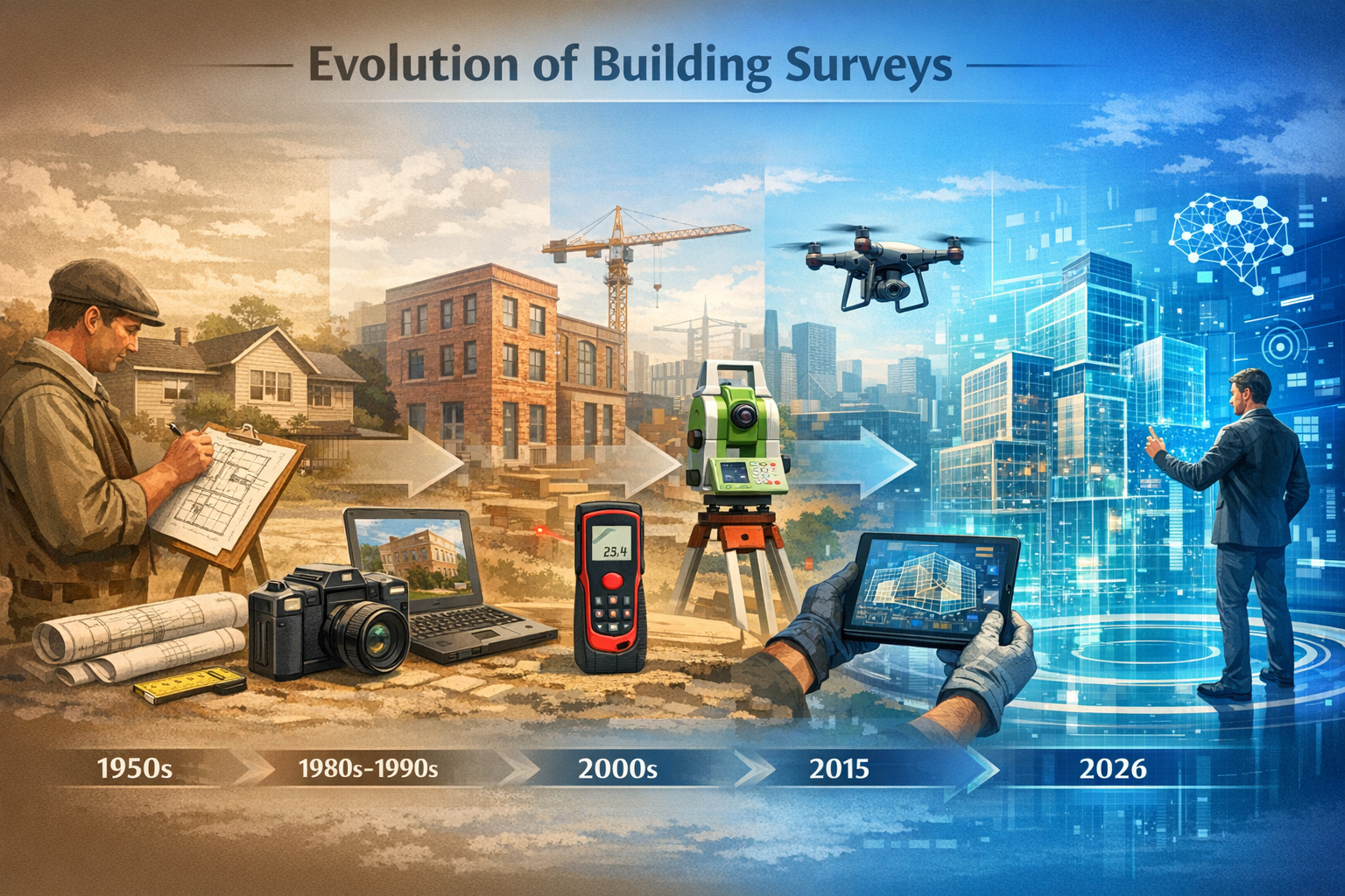 Evolution of Building Surveys section: Panoramic landscape illustration showing chronological progression of building survey