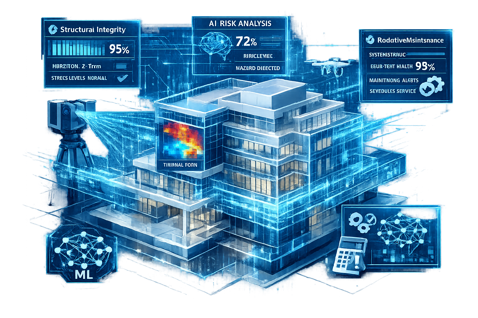 Technology Integration section: Isometric architectural rendering showcasing a modern building with transparent digital