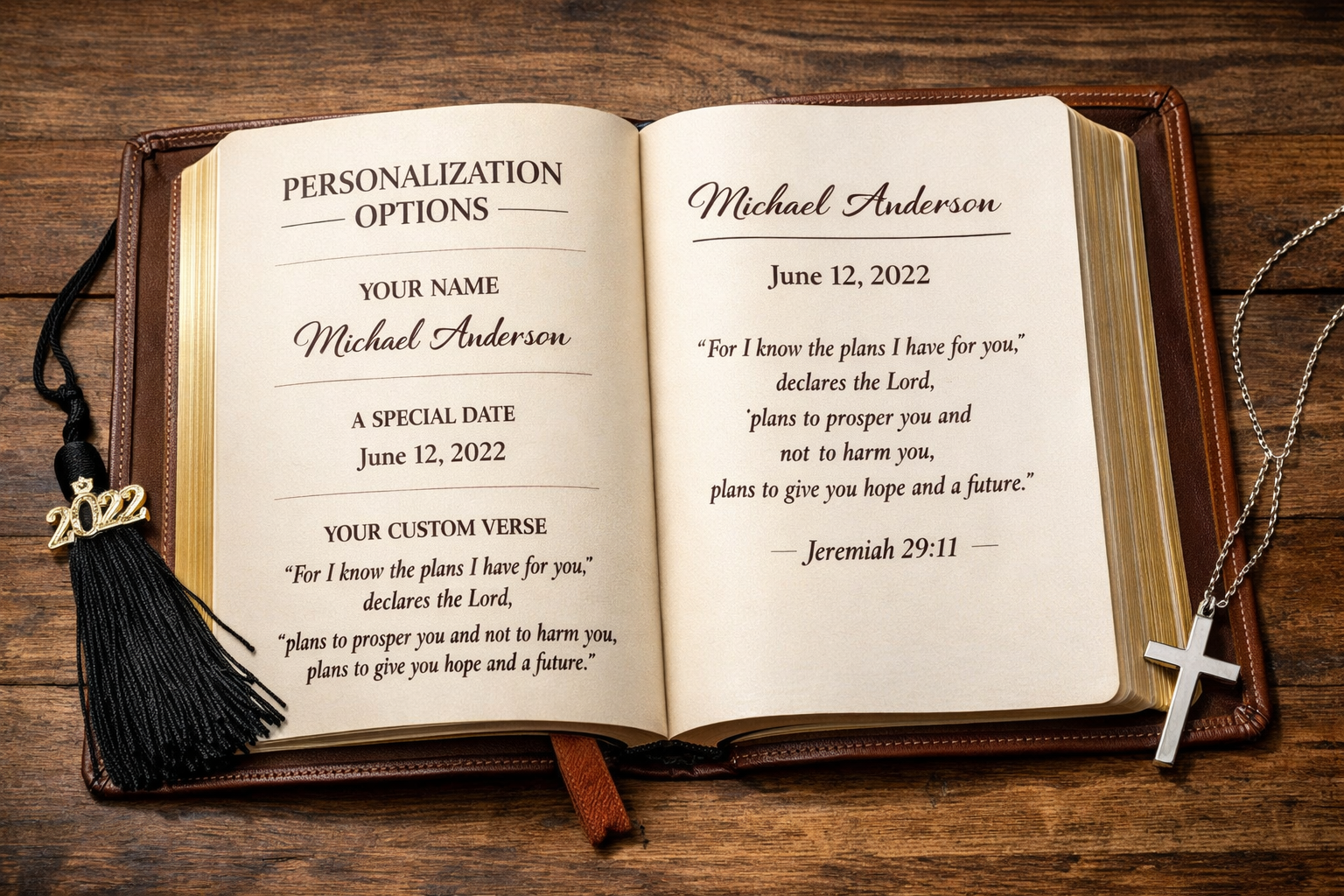 Professional product photography showcase of personalized leather Bible opened to reveal customization options, with graduation tassel and c