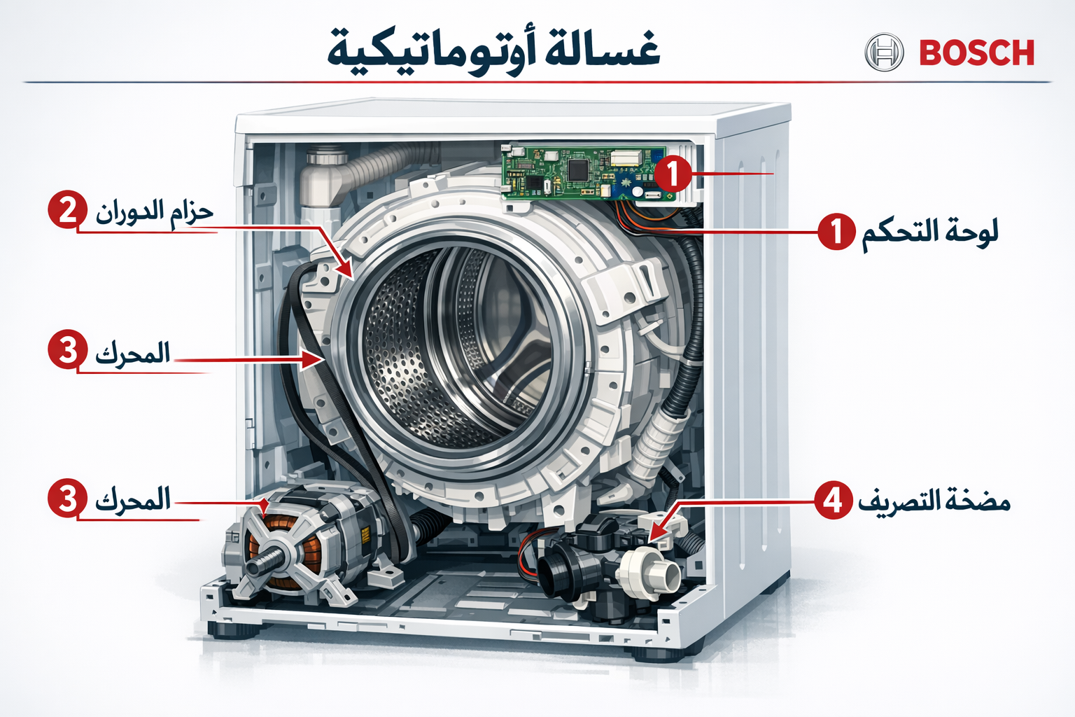 Detailed () technical infographic-style image showing a cutaway diagram of a Bosch automatic washing machine front-load drum