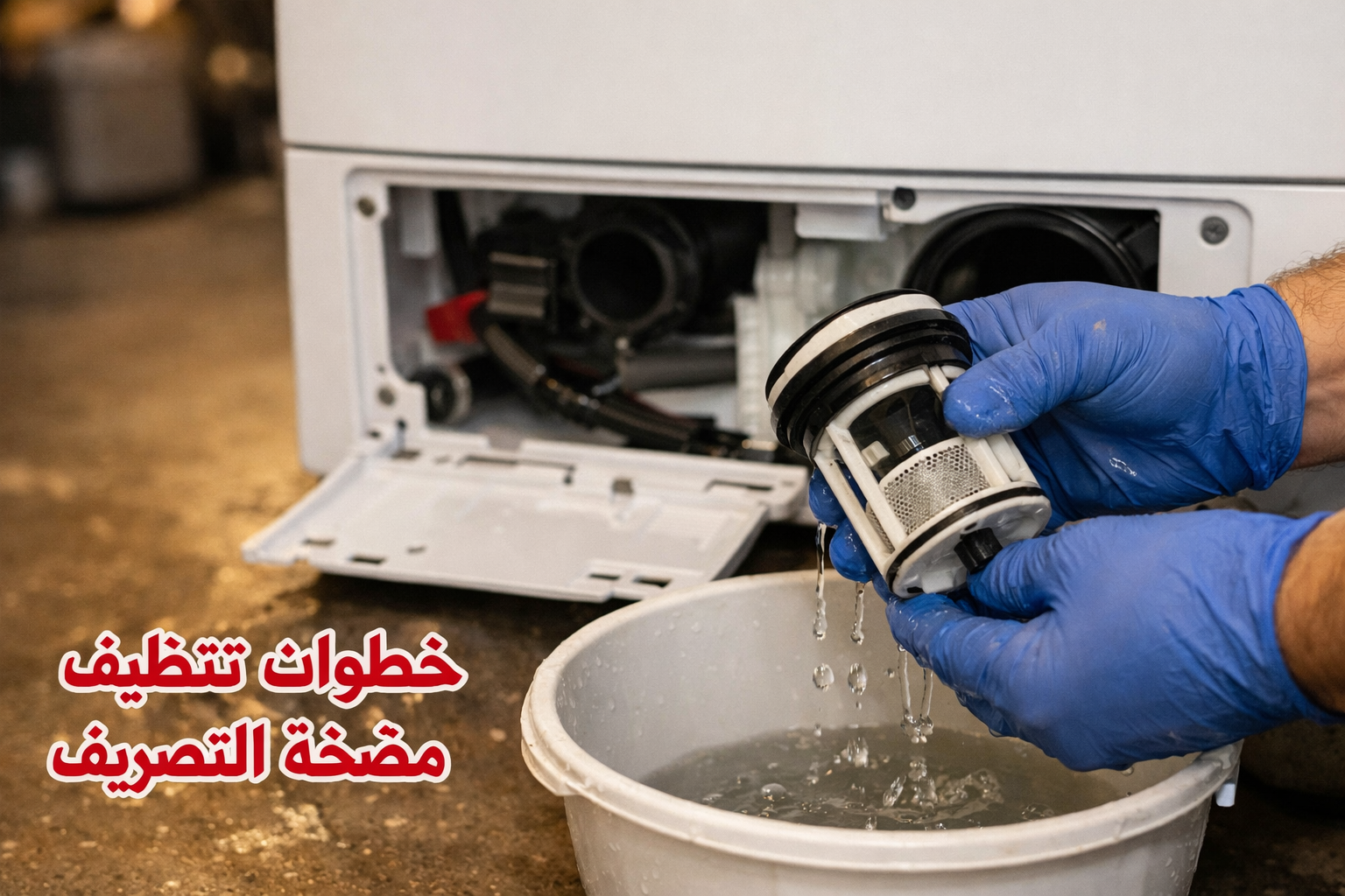 Detailed () close-up eye-level photograph showing a technician's gloved hands cleaning a Bosch washing machine drain pump