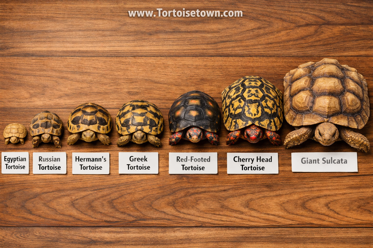Detailed () image showing a side-by-side comparison of eight captive bred tortoise species arranged by size from smallest to