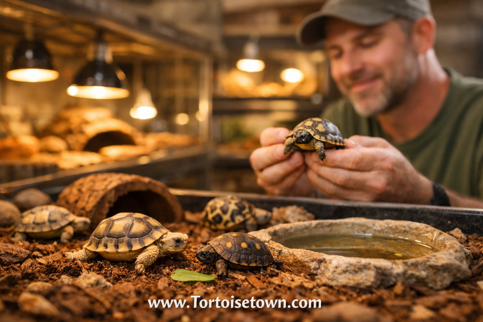 Detailed () image depicting a warm, substrate bedding, water dishes, and hatchling tortoises of various species exploring