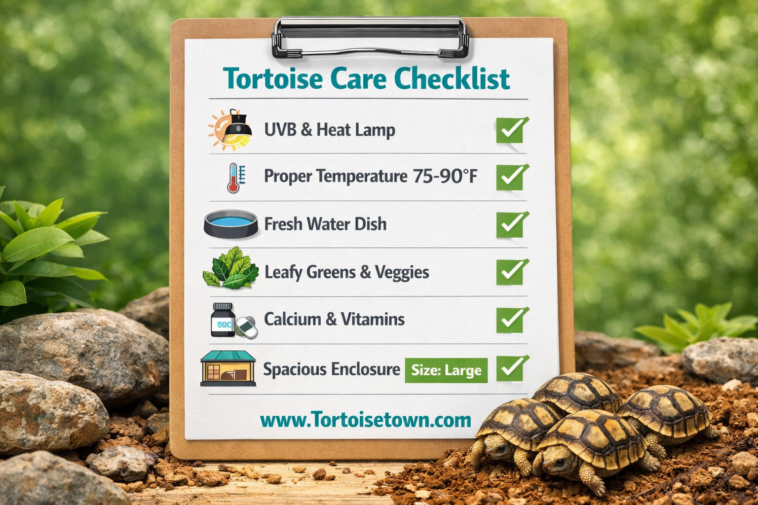 Detailed () visual infographic-style image showing a tortoise care checklist on a clean clipboard against a natural green
