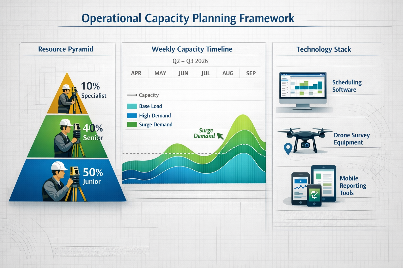 () detailed infographic showing operational capacity planning framework with three distinct visual columns: left column