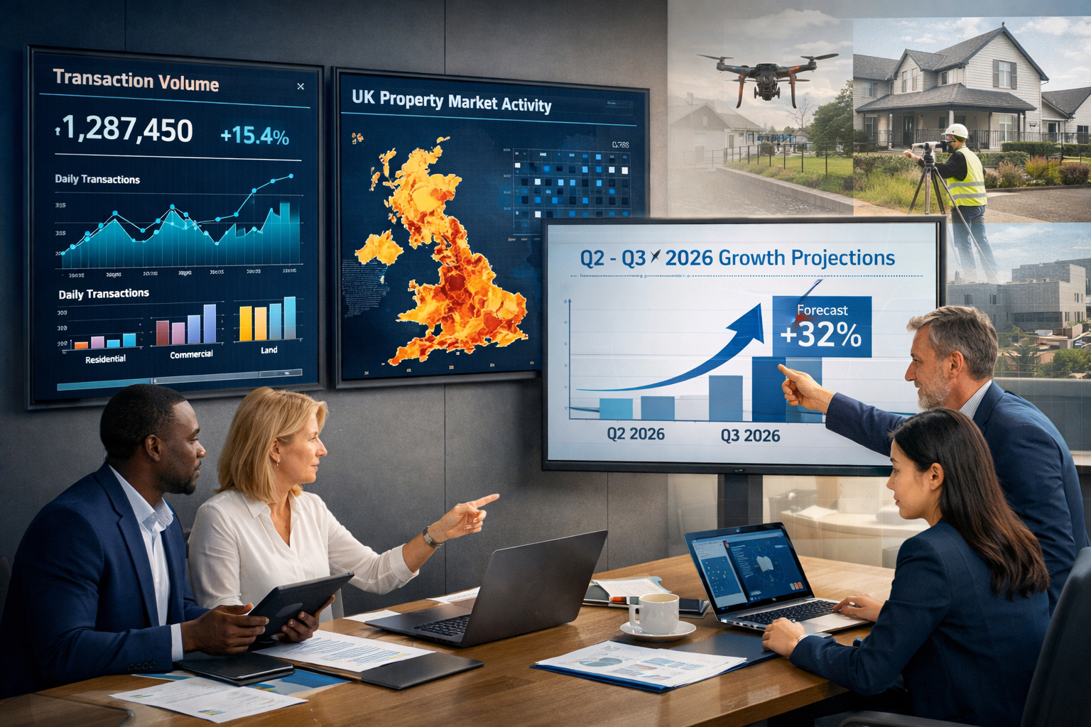 () strategic planning scene showing technology integration and market positioning for survey firms. Foreground displays