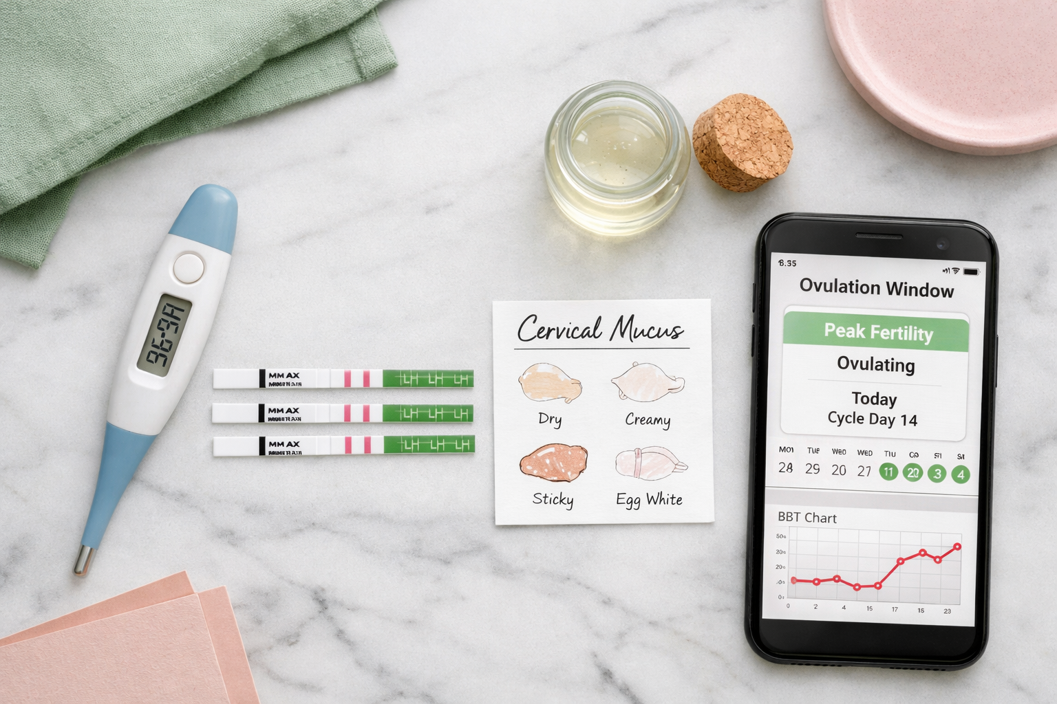Ovulation tracking tools including BBT thermometer, OPK strips, and fertility app