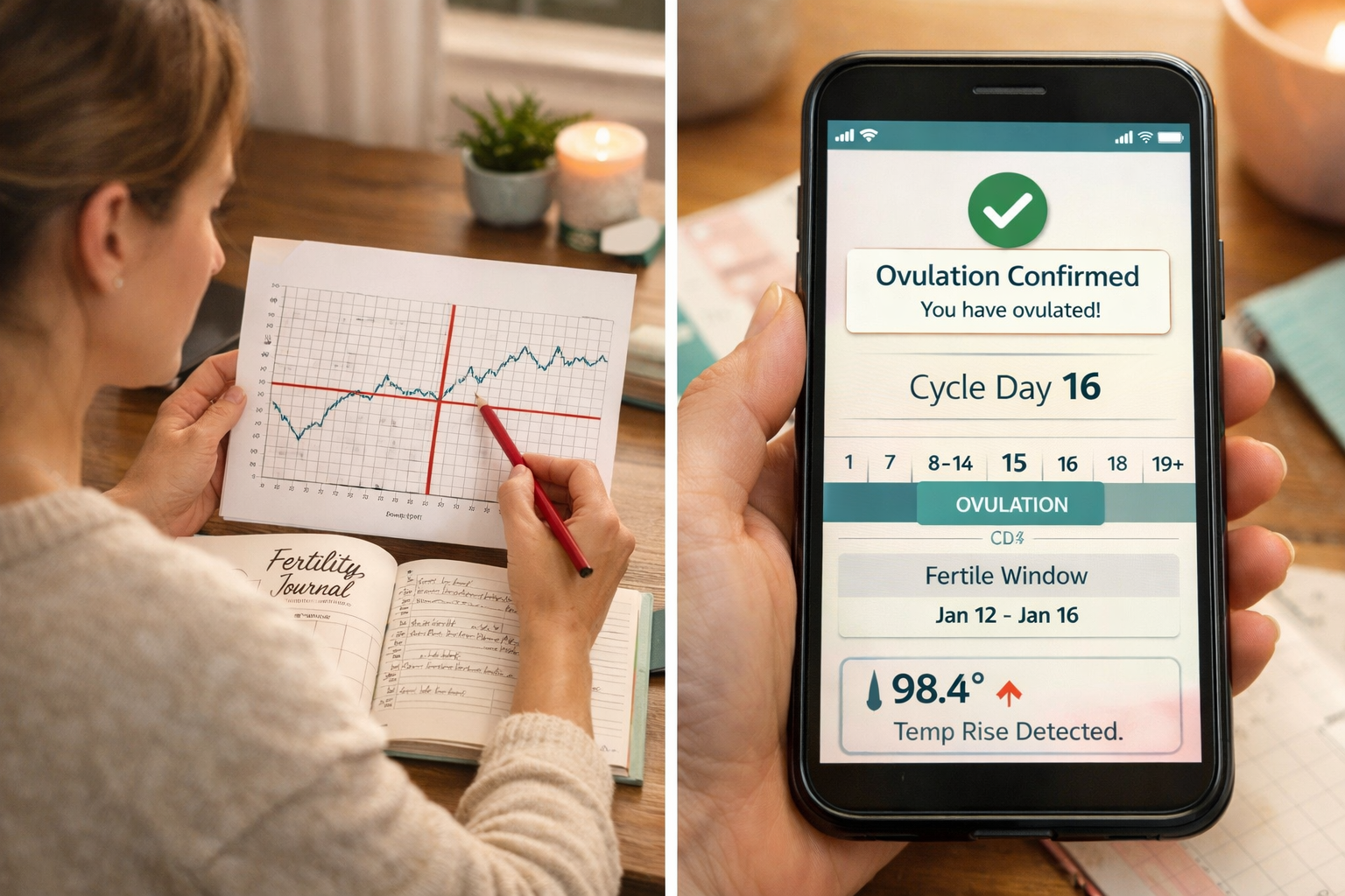 Woman reviewing BBT chart and fertility app for ovulation confirmation