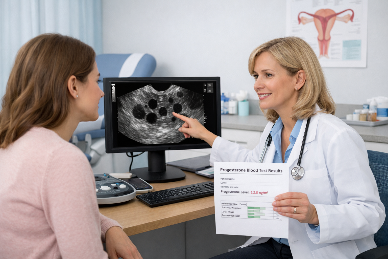 Doctor showing patient ultrasound follicle scan in fertility clinic