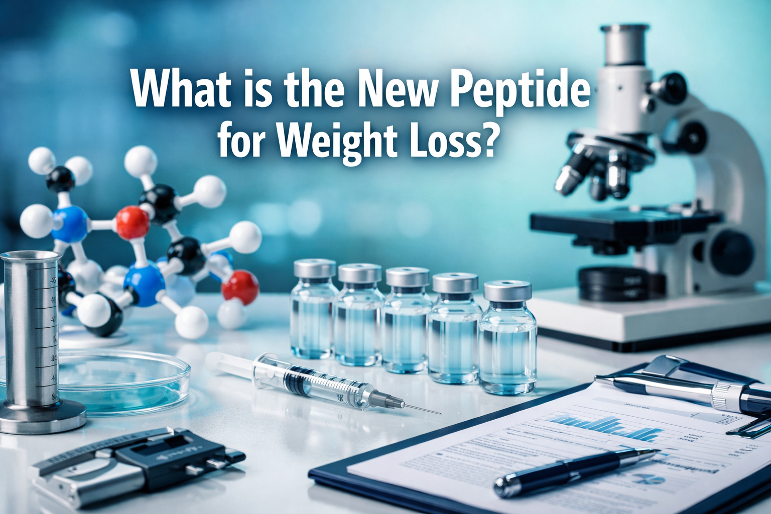Professional landscape hero image (1536x1024) featuring bold text overlay 'What is the New Peptide for Weight Loss?' in extra large 72pt whi