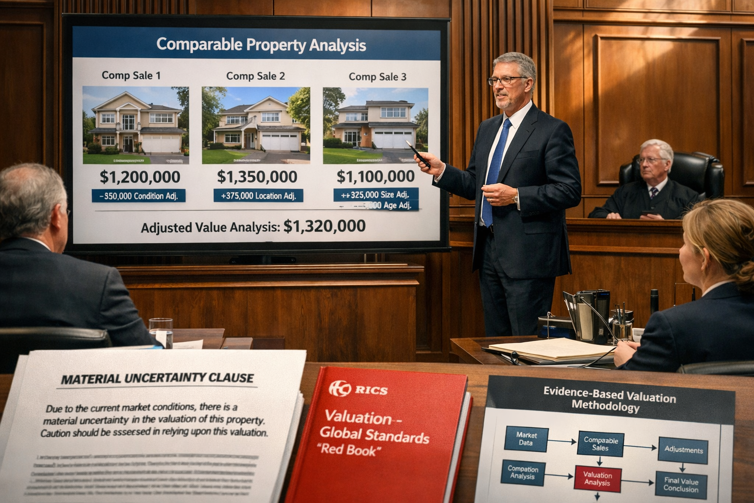 () professional courtroom scene showing expert witness presenting valuation evidence, large presentation screen displaying
