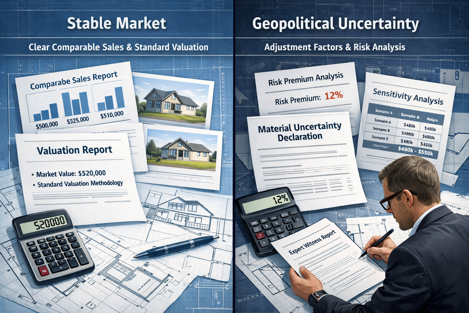 () split-screen composition showing before/after property valuation scenarios, left side displaying stable market conditions