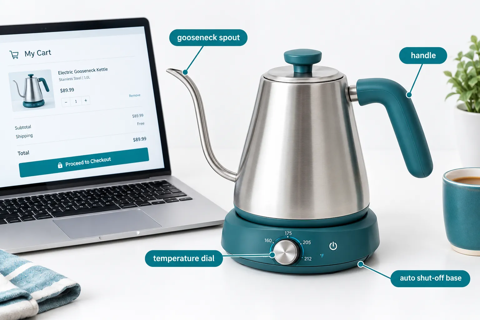 Bright studio flat-lay photograph of a stainless steel gooseneck electric kettle beside a laptop showing an online shopping cart screen, with small labeled callouts pointing to the kettle spout, handle, and control panel reading 'gooseneck spout', 'temperature dial', 'auto shut-off base', clean white background, teal and steel color palette, editorial product photography. What Is A Saki Luna Gooseneck Kettle